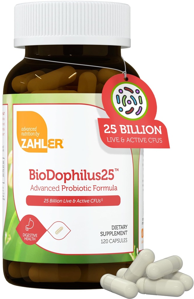 Zahler BioDophilus25, 25 Million CFU Probiotique + Prébiotique - 11 souches Probiotique Supplément quotidien - Probiotiques kasher pour les femmes pour la santé digestive, probiotiques pour les hommes pour la santé gustative (120 capsules)