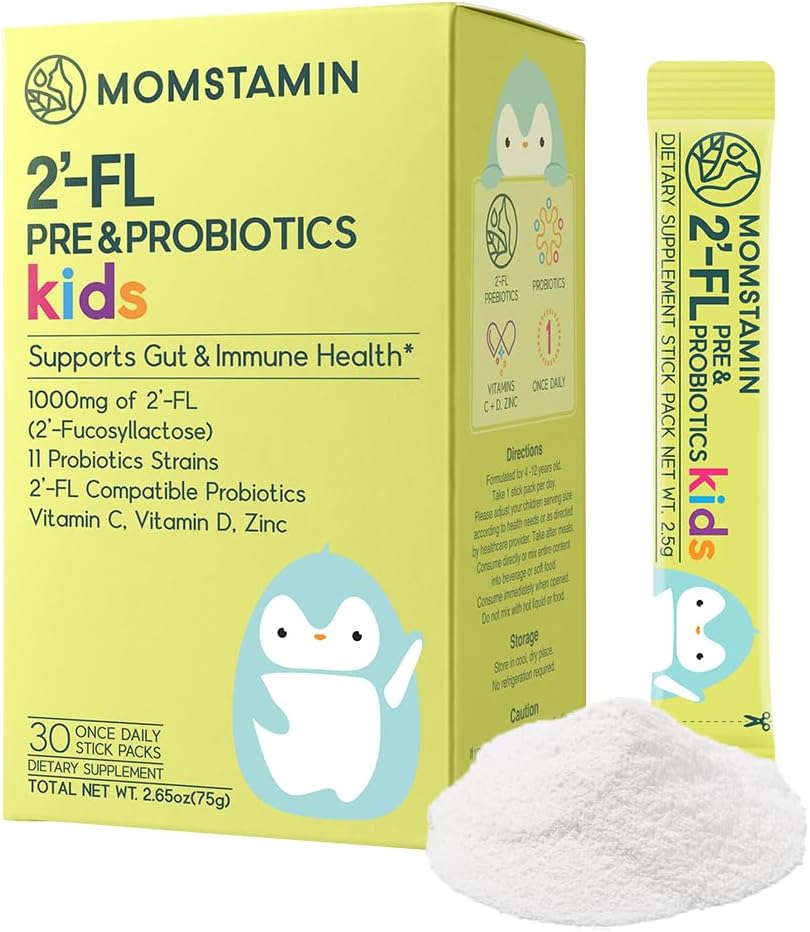 MOMSTAMIN 2'-FL HMO Prébiotiques et probiotiques pour les enfants, 1000 mg de lait humain Oligosaccharide 2'-FL poudre, breveté 11 souches, Gut sain microbiome, immunitaire et supplément digestif, IBS soulagement - 30 bâtons