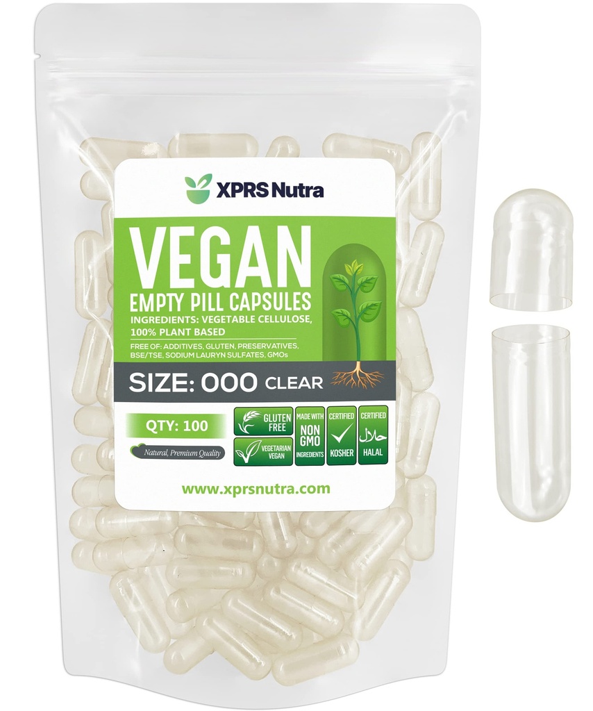 XPRS Nutra Vegan Größe 000 Leere Kapseln - 100 Count klare leere Vegan Kapseln - Vegetarische Pille - DIY Gemüse Kapsel Füllung - Veggie Caps Pillen