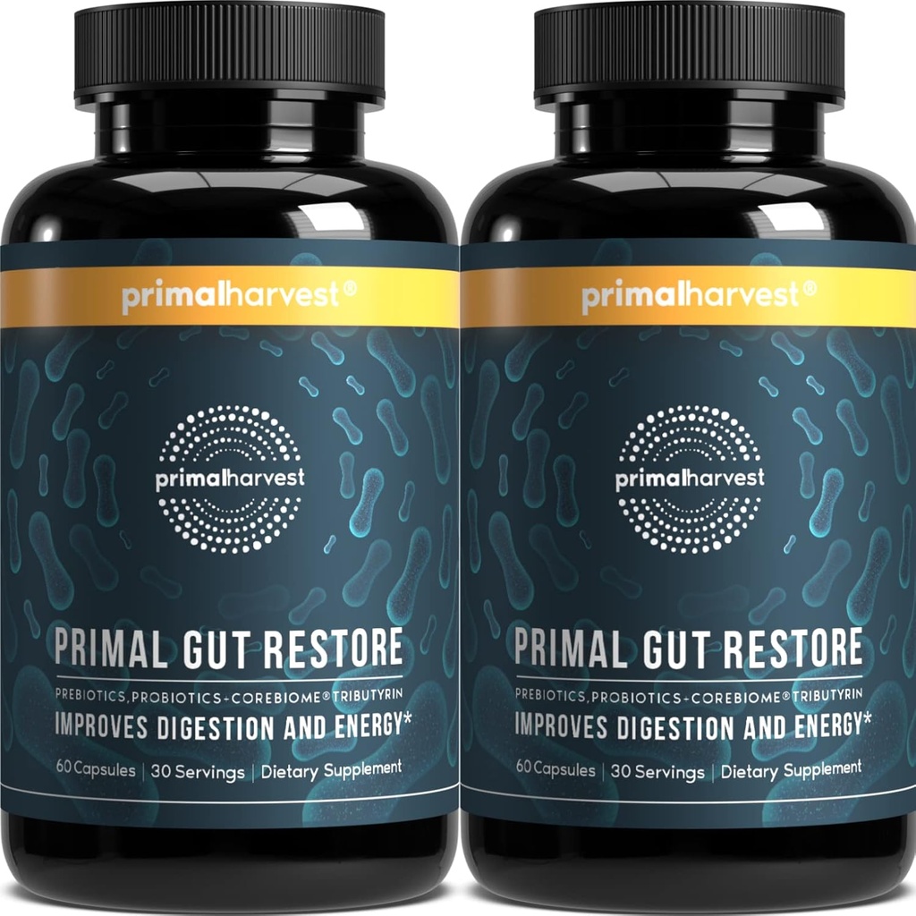 Primal Harvest 2 Pack, Restore für Gut Health, Primal Gut Restore w/POSTbiotics, PREbiotics und PRObiotics für Frauen und Männer, 60 CT - Digestion, Colon Cleanse, Hilft Leaky Gut Repair