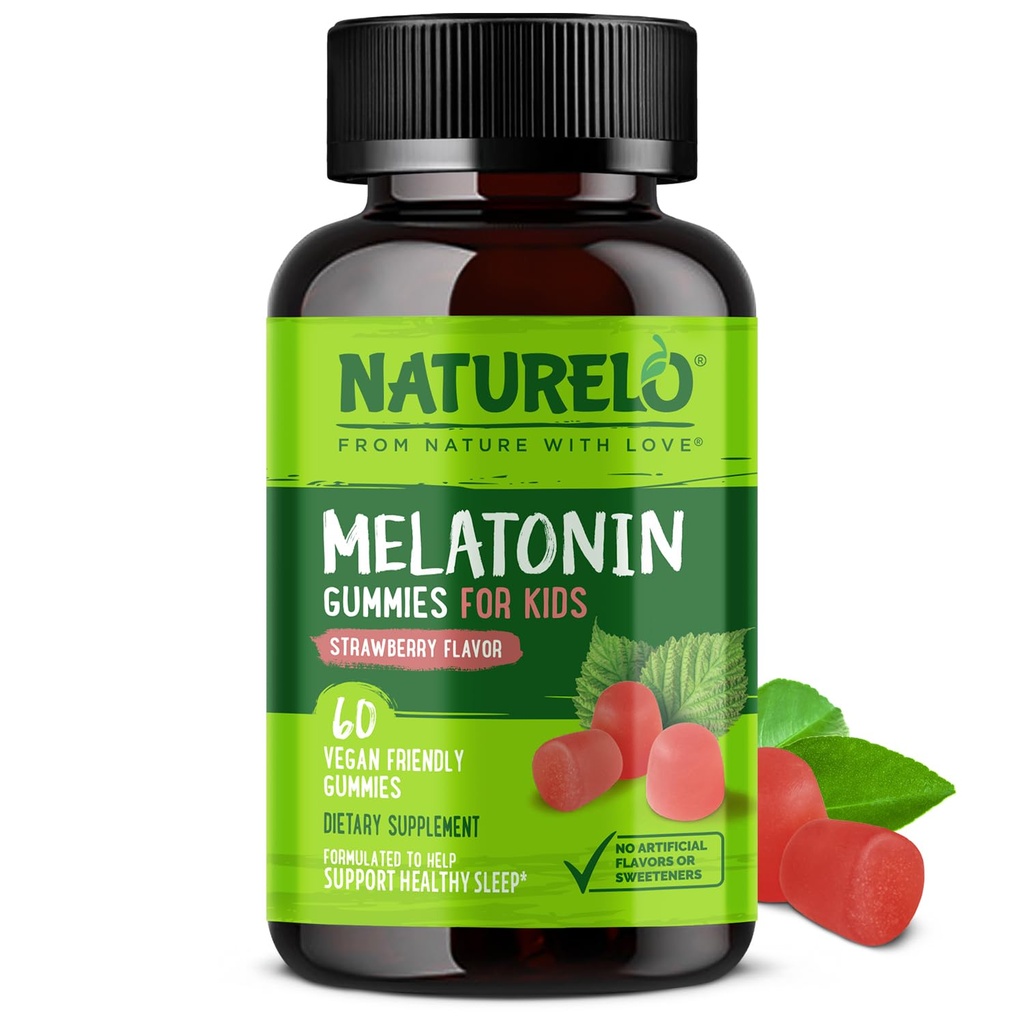 NATURELO Melatonin Gummi für Kinder Non-GMO, Glutenfrei, Sojafrei - Erdbeer-Flaschen - Sanfte Schlafergänzung - 60 Vegetarische Gummier