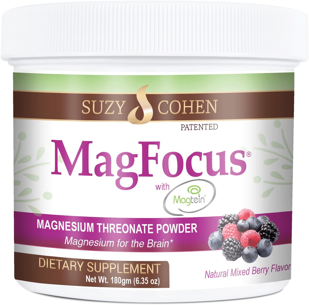 Suzy Cohen MagFocus Magnesium L-Threonate Pulver mit Magtein (Mixed Berry) Plus Magnesium Glycinat für Wellness, Fokus und Kognition - Glutenfrei, Non-GMO, Vegetarisch (60 Servietten)