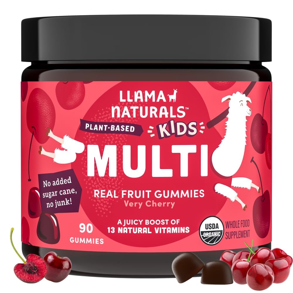 Lama Naturals Enfants Multivitamine Gommies, Vegan, Organique avec Vitamine D, C & K, Vitamines Gommy de fruits, Supplément à croquer, Multivitamine d'aliments entiers, Pas d'ajout de canne à sucre, Cerise, 90 Ct