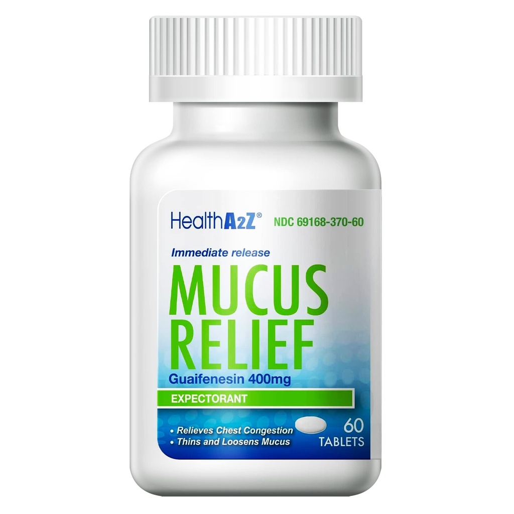HealthA2Z® Mucus Relief | Guaifenesin 400mg | Immediate Release | No Benzene | Expectorant (60 Counts)
