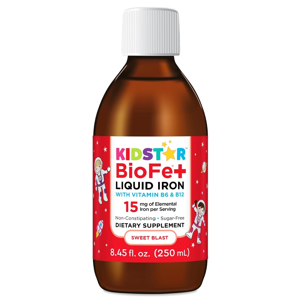 BioFe+ Iron Liquid for The Family, No Sugar, 8.45 Fl. Oz., 15mg Elemental Iron, Non-Constipating, Sweet Blast