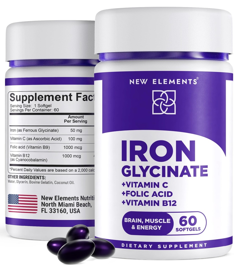 Iron Supplement for Women & Men | Iron Glycinate 50mg + Vitamin C, Folic Acid 1000mcg, Vitamin B12 | Anemia Relief, Energy Boost & Immune Support | Gentle on Stomach, Fast Absorption | 60 Softgels