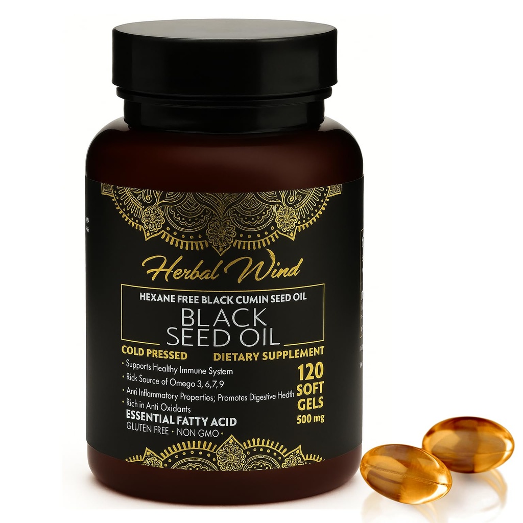 Capsules d'huile de graines noires - Cold Pressed 120 Softgels 500mg, Nigella Sativa de qualité supérieure, 100% huile de graines de cumin noir pur - Non-OGM (120 Nombre - Pack de 1 bouteille en plastique)