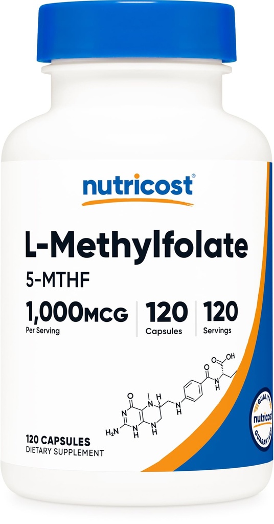 Méthylfolate de Nutricost 1000mcg, 120 Capsules végétariennes - Sans gluten, sans OGM (folate de méthyle)