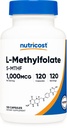 Méthylfolate de Nutricost 1000mcg, 120 Capsules végétariennes - Sans gluten, sans OGM (folate de méthyle)