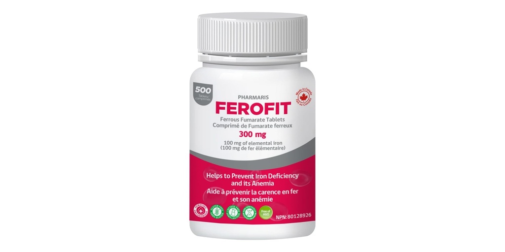 Pharmaris Ferofit - Ferrous Fumarate 300mg (100mg Elemental Iron), Prevents Anemia Due to Deficiency, Iron Supplement for Women & Men, 500 Tablets