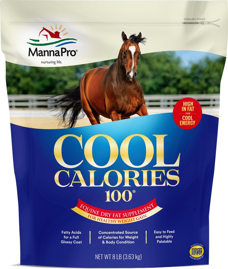 Manna Pro Cool Calories 100 – Equine Fat Supplement für Pferde, Unterstützt gesunde Gewichtszunahme, Muskelpflege & Shiny Coat, Konzentrat Trockenfett-Kalorien-Booster, Low-Starch-Formel, 8 lb Tasche