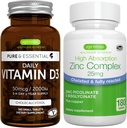Vitamine quotidienne D3 + Zinc complexe Végétarien Bundle, 365 2000iu Comprimés de vitamine D3 + 25mg Picolinate de zinc chélaté et bisglycinate avec du cuivre, par Igennus