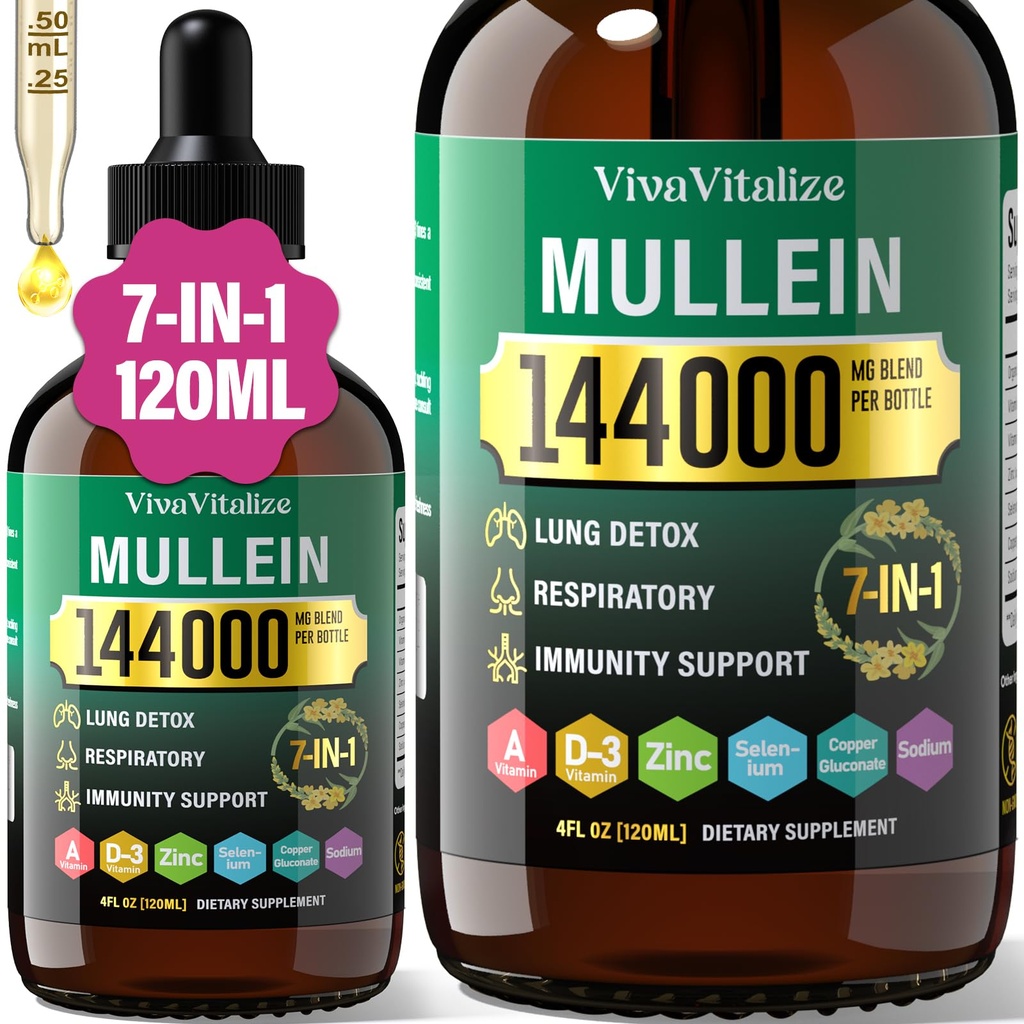 Gouttes de Mullein pour les poumons,144000mg Extrait de Mullein Feuille pour les poumons Nettoyage et fonction respiratoire Immune respiratoire saine, système digestif, supplément naturel à base de plantes Sucre et sans alcool, 120 jours d'approvisionnement