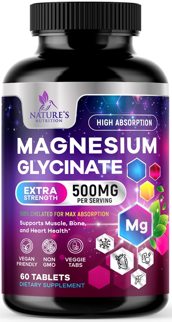 Magnesium Glycinate 500mg - Chelat für Ultra Absorption - unterstützt Knochen, Muskeln, Nerven &amp; Herz Gesundheit, Natur Schlaf-Unterstützung, beste Magnesium Ergänzung Pillen für Ganzkörperunterstützung - 60 Tabletten