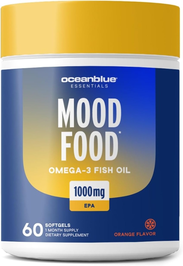 Oceanblue Essentials Mood Food Omega 3 | Triple Strength Fish Oil 1000mg EPA für Stimmungsunterstützung | Burpless Mini Softgels | Heart Health, Non-GMO (60 Count)