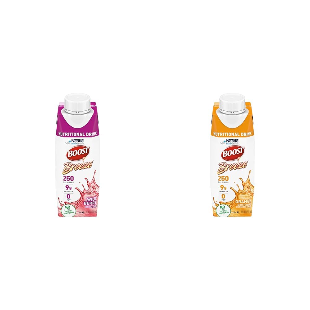 BOOST Breeze Clear Nutritional Drink, 9g Protein, 250 Nutrient-Rich Calories, Wild Berry (Pack of 24) & Orange (Pack of 24)