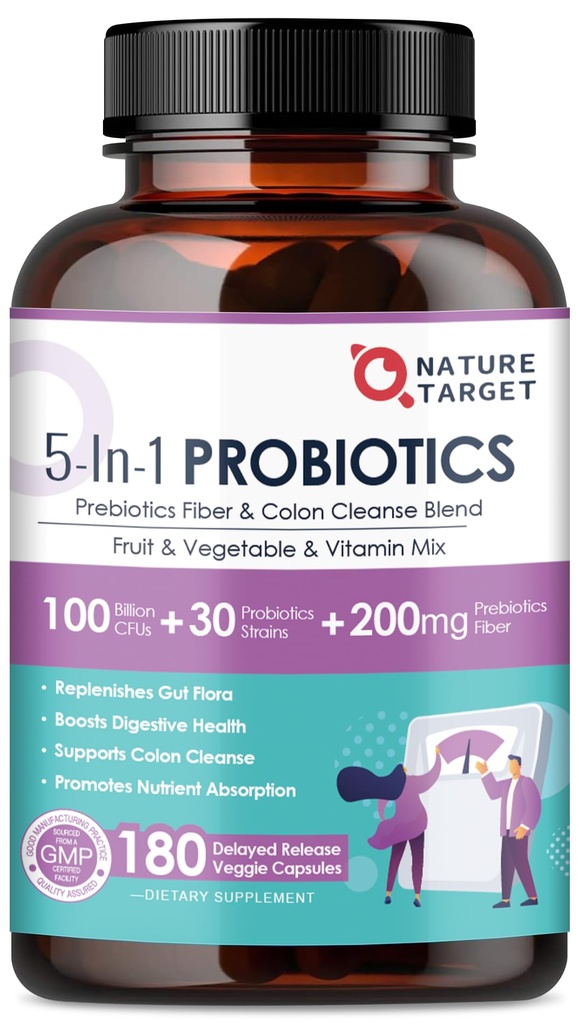 NATURE TARGET Probiotics for Women-Men Digestive Health, Mens-Womens Probiotic with Prebiotics, 100 Billion CFUs for Gut and Immune Health, 180 Veggie Capsules (90 Tage Versorgung)