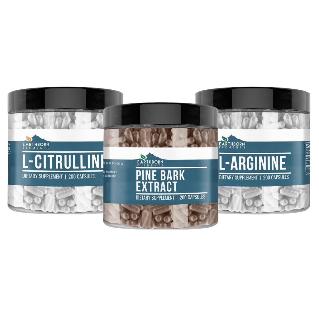 Eléments terriens Pine Bark, L-Arginine, et L-Citrulline Capsule Bundle, 200 Capsules Chaque, Pure & Non dilué, Pas d'additifs