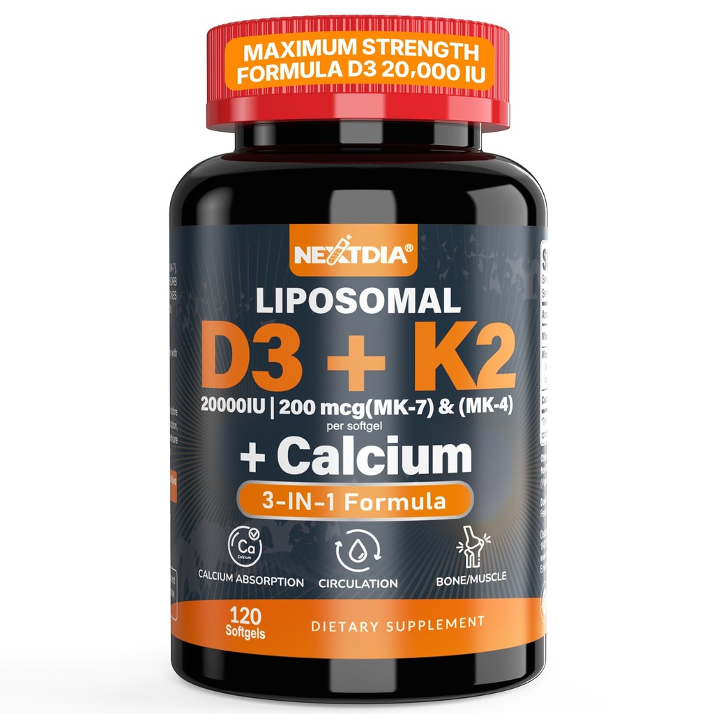 Vitamin D3 20,000 IU + K2 Vitamin (MK4 & MK7) 200mcg + Calcium Citrate, Optimal Vitamin D3 K2 Softgel - Strong Bone & Muscle, Calcium Absorption, Helping Vitamin D Deficiencies, Easy to Swallow, 1Pack