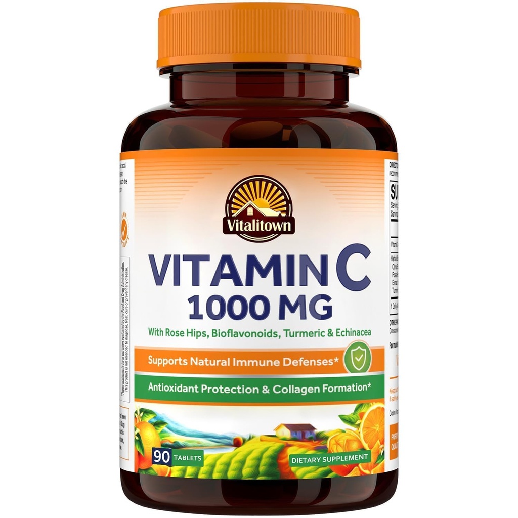 Vitalitown Vitamin C Complex 1000mg with Rose HIPS, Bioflavonoids, Turmeric & Echinacea, Daily Immune Support, Collagen Booster & Powerful Antioxidant, Vegan, 90 Tablets
