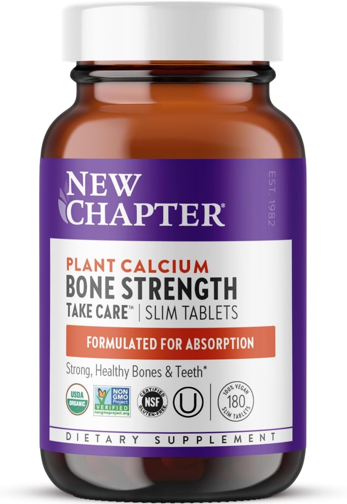 New Chapter Calcium Supplement - Bone Strength Organic Calcium with Magnesium, Vitamin D3+K2, 70+ Trace Minerals for Bone Health, Gluten Free, Easy to Swallow Slim Tablets - 180 Count