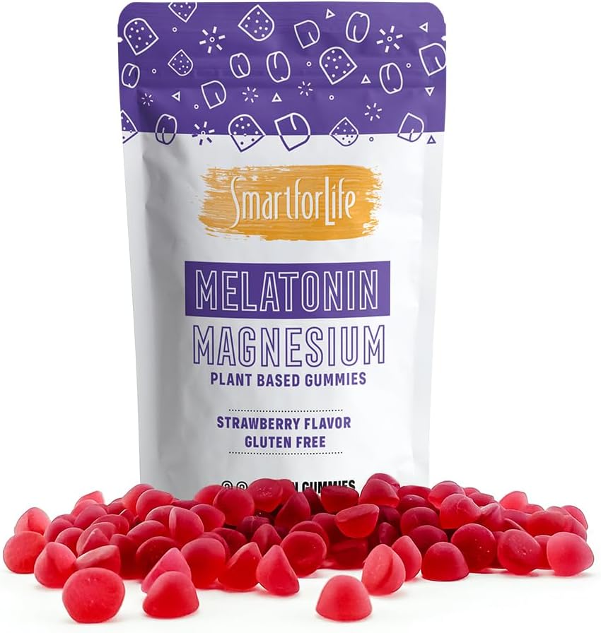 SMART FOR LIFE Mélatonine Gommies 5mg W/Magnésium - 60 Compte - Végétalienne Mélatonine Gommies - Gommies de sommeil à saveur de fraise - Supplément alimentaire pour la santé du coeur et des os - Gommies de mélatonine adulte