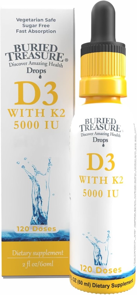 Buried Treasure Vitamin D3 & K2 Tropfen - 5000 IU D3 mit 100 mcg K2 für Knochen, Herz- und Immununterstützung, Sugar Free, 2 fl oz