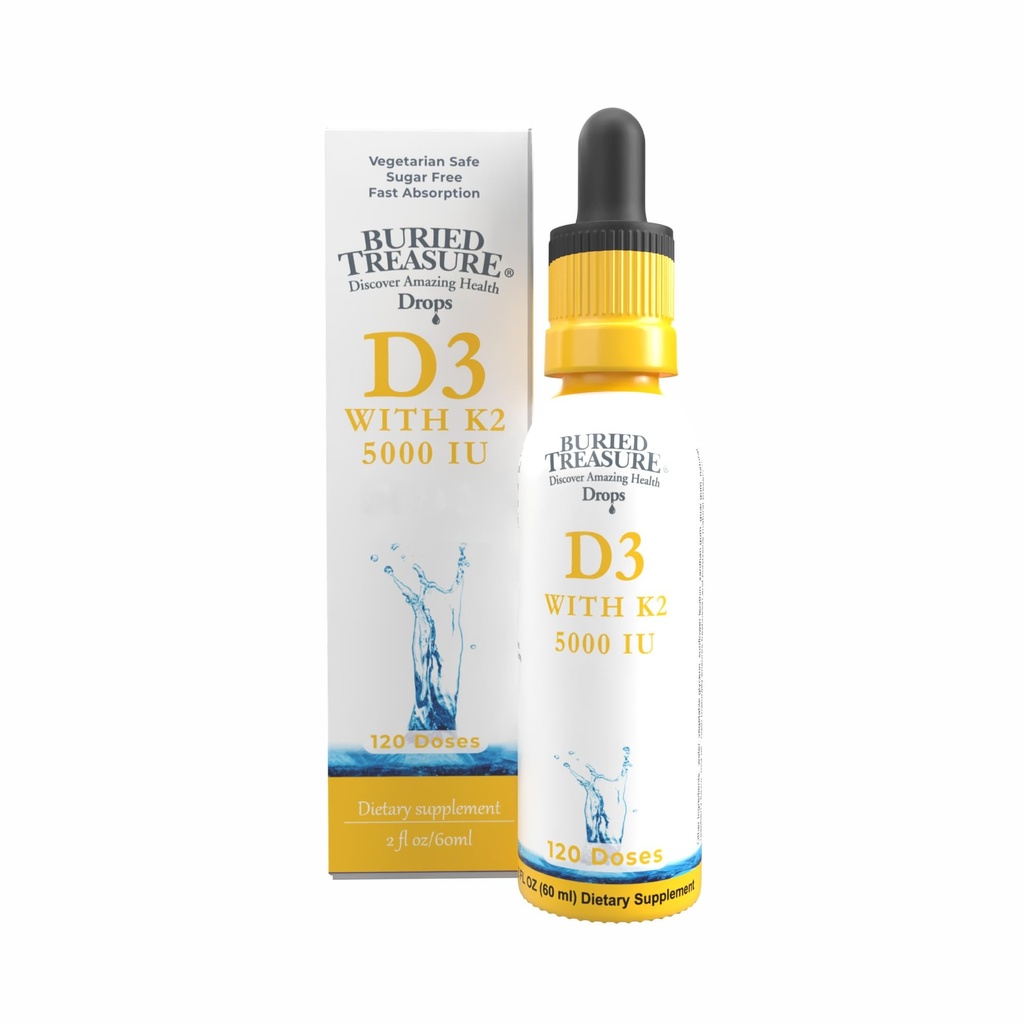 Treasure enseveli Vitamine D3 & K2 gouttes - 5000 UI D3 avec 100 mcg K2 pour os, coeur et crème, sans sucre, 2 fl oz