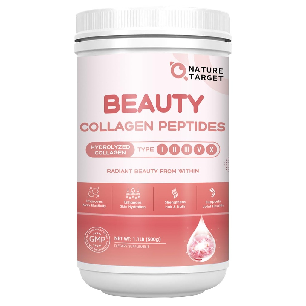 NATURE TARGET Beauty Collagen Peptides Powder for Women, Multi Collagen Powder with Vitamin C, Biotin, Hyaluronic Acid – Unflavored, Keto Friendly, Easy Dissolve, Non-GMO, 50 Servings