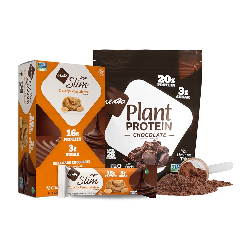 NuGo Slim Dark Chocolate Crunchy Peanut Butter, 17g Vegan Protein, 3g Zucker, 12 Graf und NuGo Pflanzenproteinpulver, 20g Protein, 3g Zucker, 25 Servierungen