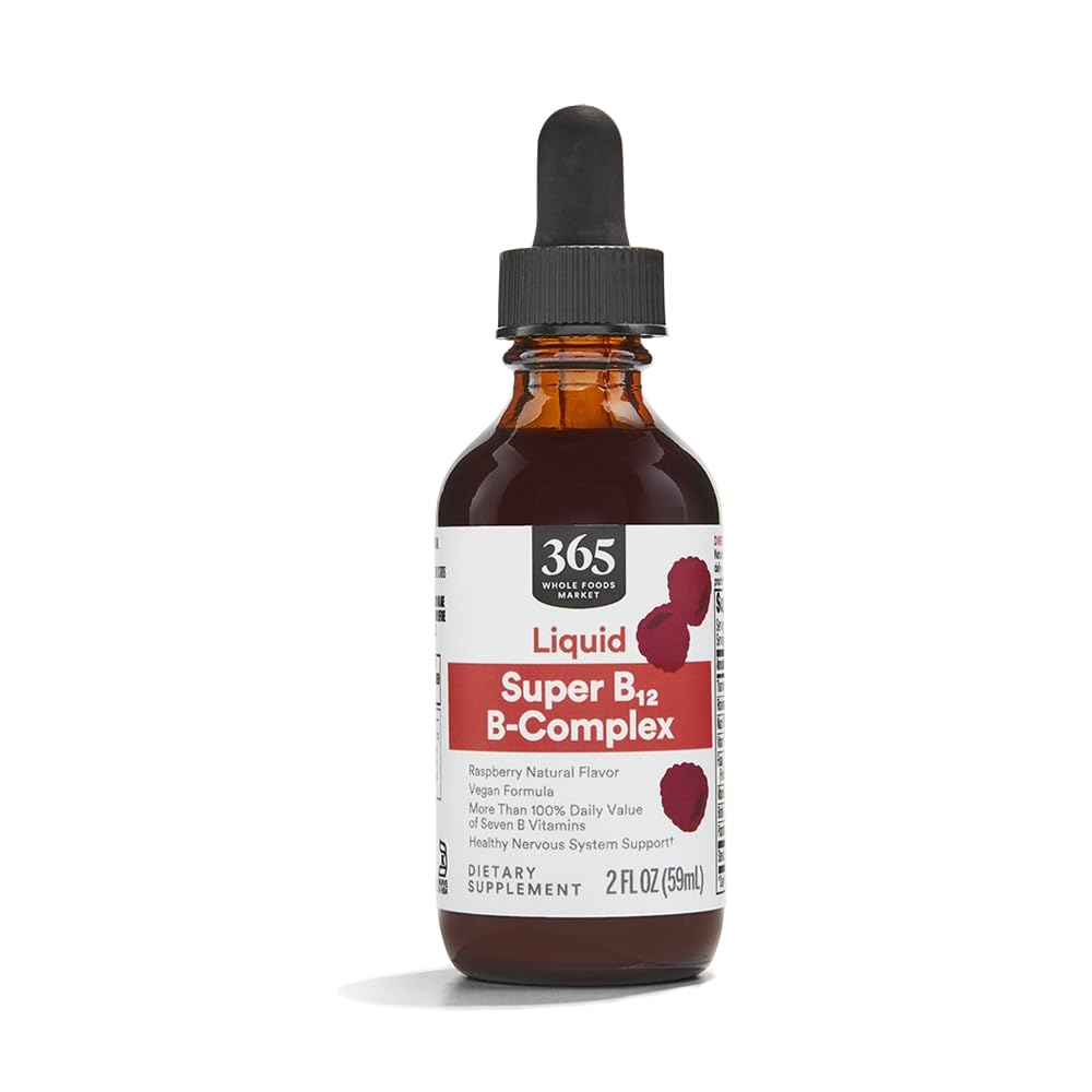 365 par le marché des aliments entiers, Super B-12 B-Complex supplément liquide, framboise saveur naturelle, végétalien, 2 Fl Oz