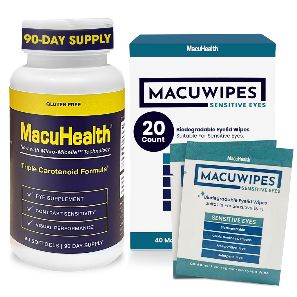 Macuhealth Triple Carotenoid Eye Vitamins for Adults with Lutein, Zeaxanthin & Meso-Zeaxanthin (3-Month Supply) and MacuWipes Sensitive Pre-Moistened Eyelid Wipes with Tea Tree Oil - 20 Count