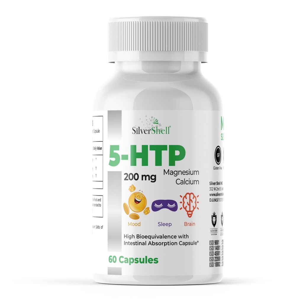 5-HTP 200 MG Plus Calcium und Magnesium für Mood-, Schlaf- und Gehirnfunktionen – 1 Kapsel pro Portion, 60 Kapseln