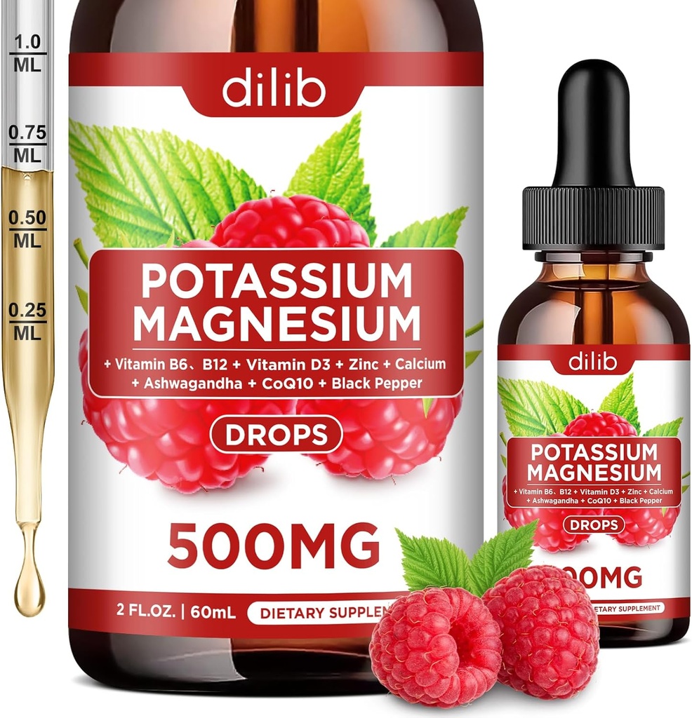 Kalium Magnesium Citrat Ergänzung, flüssiges Magnesium Citrat Tropfen 500mg mit Ashwagandha, Calcium, Zink, Vitamin D3, B6, B12, CoQ10 - Vegan 2 fl oz Himbeer Geschmack