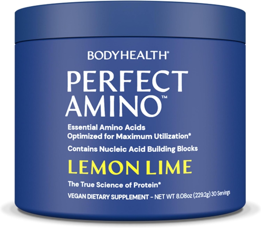BodyHealth PerfectAmino Powder - BCAA und EAA Pulver für Vor- und Nacharbeit - Aminosäure Energy Drink für Männer und Frauen, um Lean Muskel und Erholung zu unterstützen - Lemon Lime - 30 Servietten