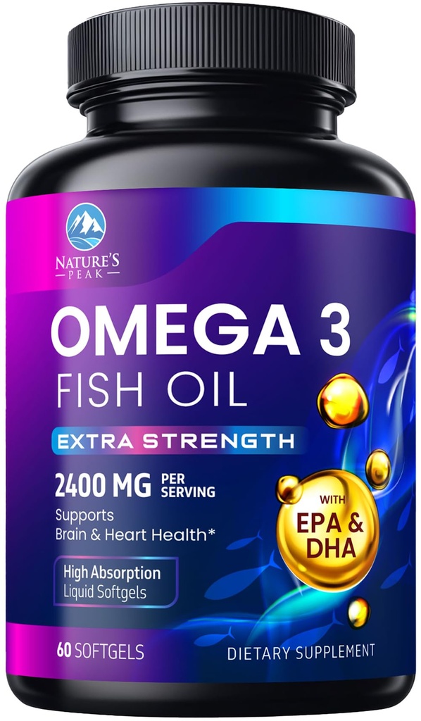Omega 3 Huile de poisson 2400 mg supplément, d'origine durable, triple force Omega-3 supplément softgels, soutien de la santé cérébrale, EPA et DHA huile de poisson suppléments acides gras, sans gluten et OGM, 60 softgels