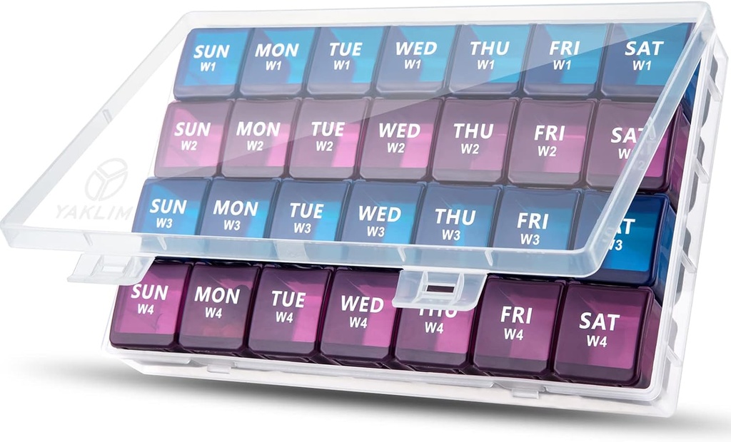 XL Monthly Pill Organizer 1 fois par jour, 4 semaines Pill Case Compartiments, Yaklim Weekly Vitamine Organizer Extra Large, contenant de médicaments pour le gardien quotidien de pilules