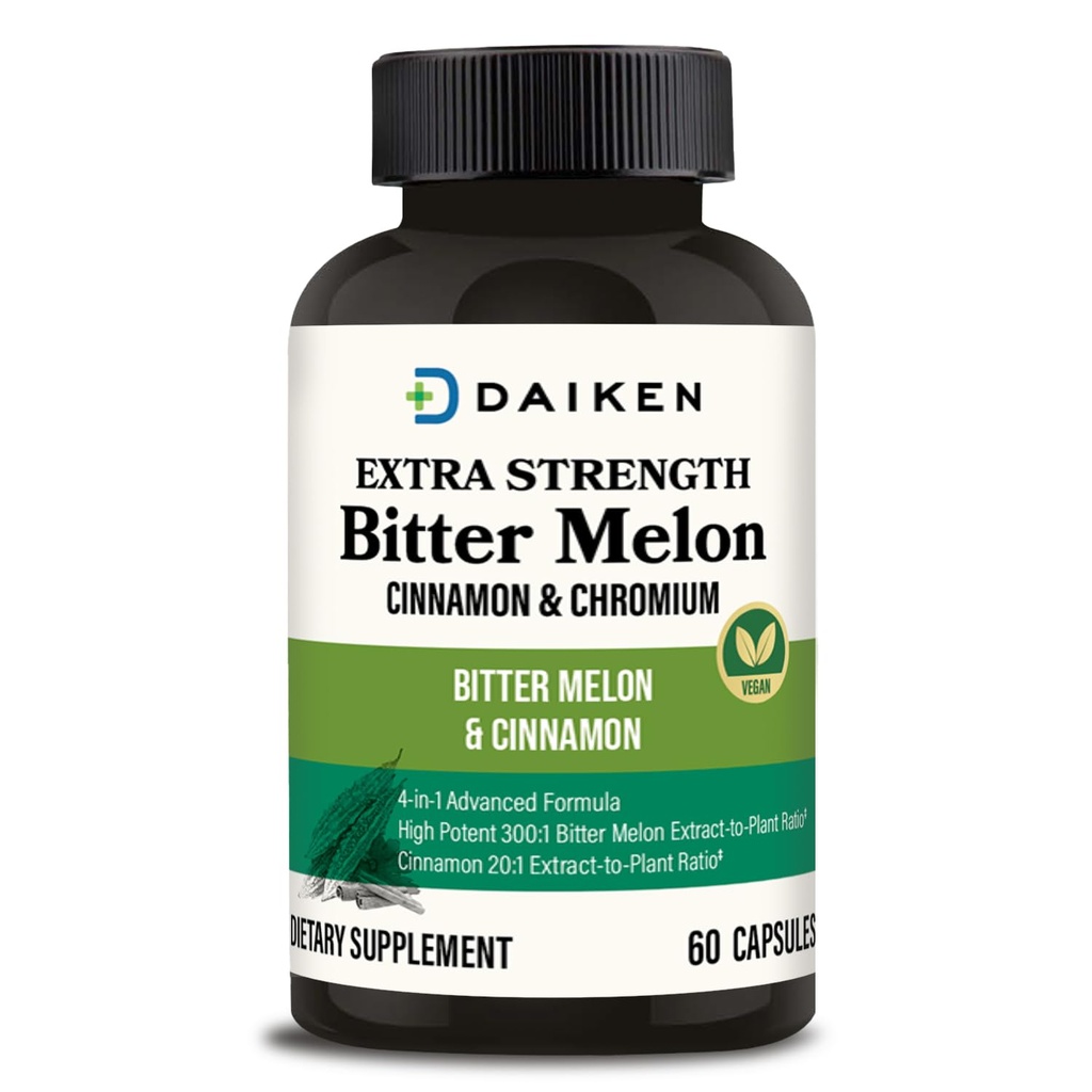DAIKEN Bitter Melon, Cinnamon & Chrom, 90.000 mg Äquivalent pro Portion Extrastärke, 100% vegetarische Bitter Melon Kapseln mit Cinnamon Chrom & Zink, 60 Kapseln