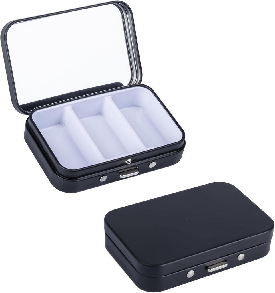 2Pack Pille Box 3 Kompartment Pille Case,Portable Metall Reise Pille Box mit Spiegel für Medizin, Vitamine,Fish Oil und Ergänzungen,Portable Pille Box für Tasche oder Geldbörse (Schwarz)
