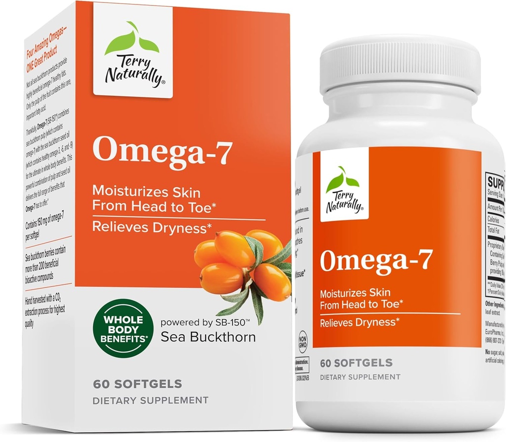 Terry Natürlich Omega-7 - Nahrungsergänzung mit essentiellen Fettsäuren - Nahrungsergänzungsmittel zur Unterstützung der Hautgesundheit mit Sea Buckthorn, Berry Pulp & Seed Oil - 60 Softgels (Pack von 2)