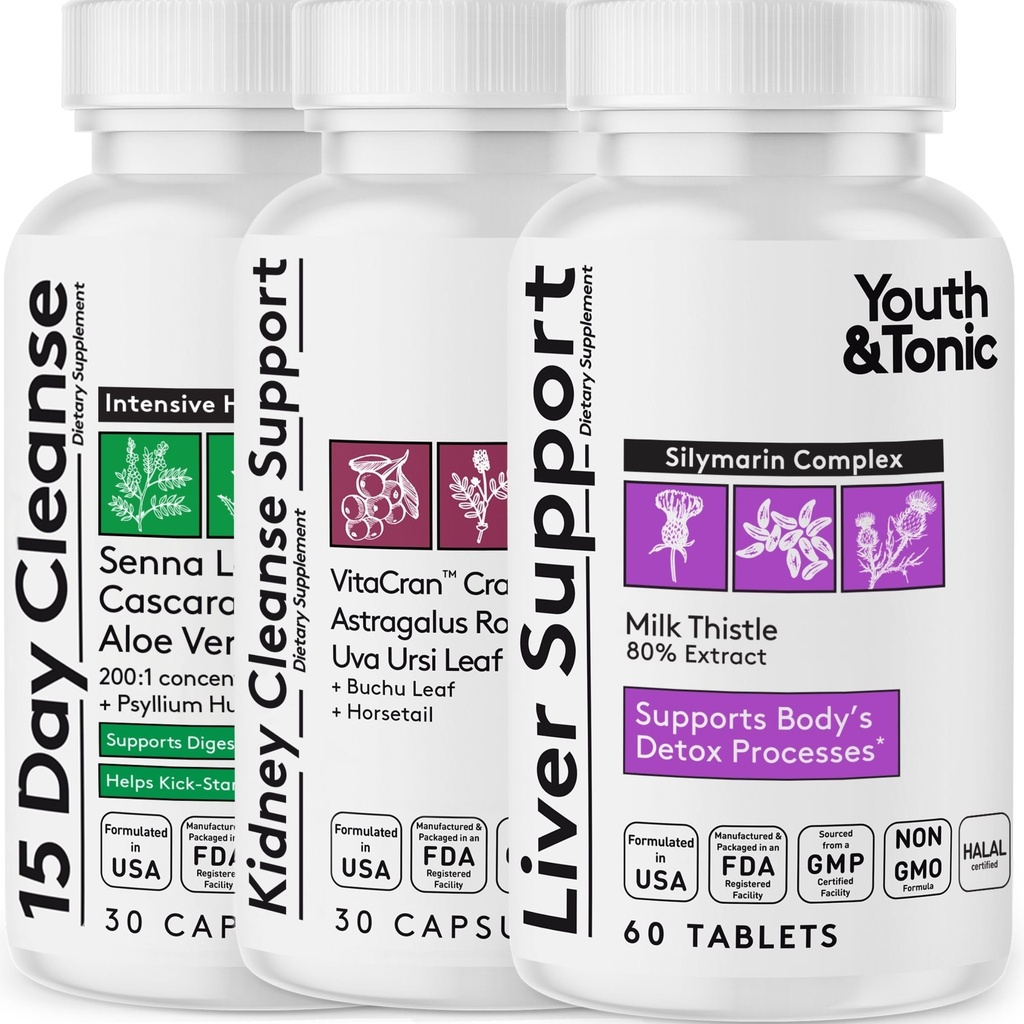 Jugend & Tonic 3X Body Cleanse und Detox Pillen für Frauen & Männer mit Leber, Nieren, Colon Ergänzungen zur Unterstützung gesünder Funktionen und für Verlust von ungewollten Verunreinigungen und Metabolische Abfälle. 120 Kapseln