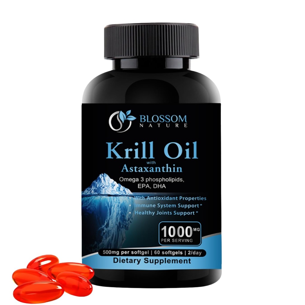 Huile de krill antarctique 1000mg de softgels avec astaxanthine – supplément Omega-3 EPA et DHA pour la santé du coeur, du cerveau et des articulations sous forme de Phospholipides– 60 softgels à la vanille