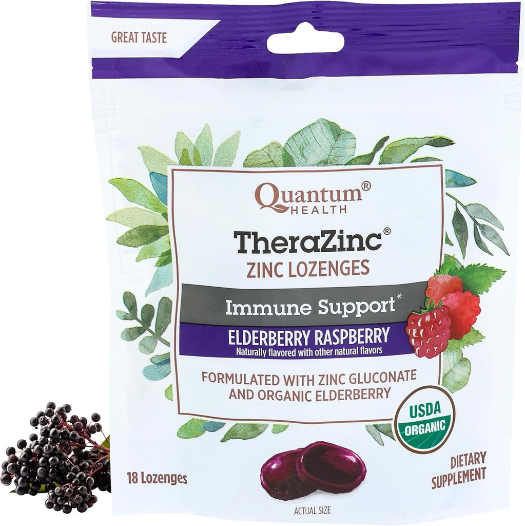 Quantum Health TheraZinc Organic Zink Lozenges Elderberry & Honey - Immununterstützung für Erwachsene & Kinder 12+ Natürlich aromatisierte Himbeer Fast Relief mit Kein Nachgeschmack - 18 Zähler