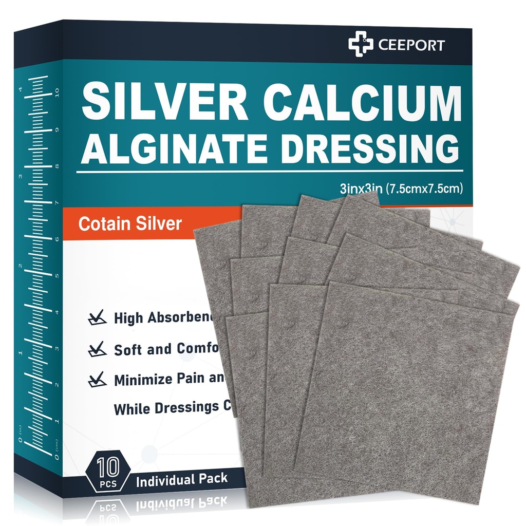 Ag Silber Kalzium Alginat Wound Dressing Pads 3'' x 3'' (Pack von 10), Weiche hoch absorbierende Silber Wound Dressing, Non-Adhesive Dressing für Wund Care, Painless Entfernung Gauze Pads für Wunden