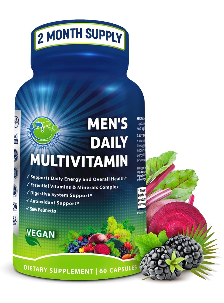 Men's Daily Multivitamin – Vegan Methylated Multivitamin for Men with Saw Palmetto, Biotin, Organic Superfoods, Probiotics & Enzymes – Energy, Gut & Optimal Health Support – Easy to Swallow Capsules