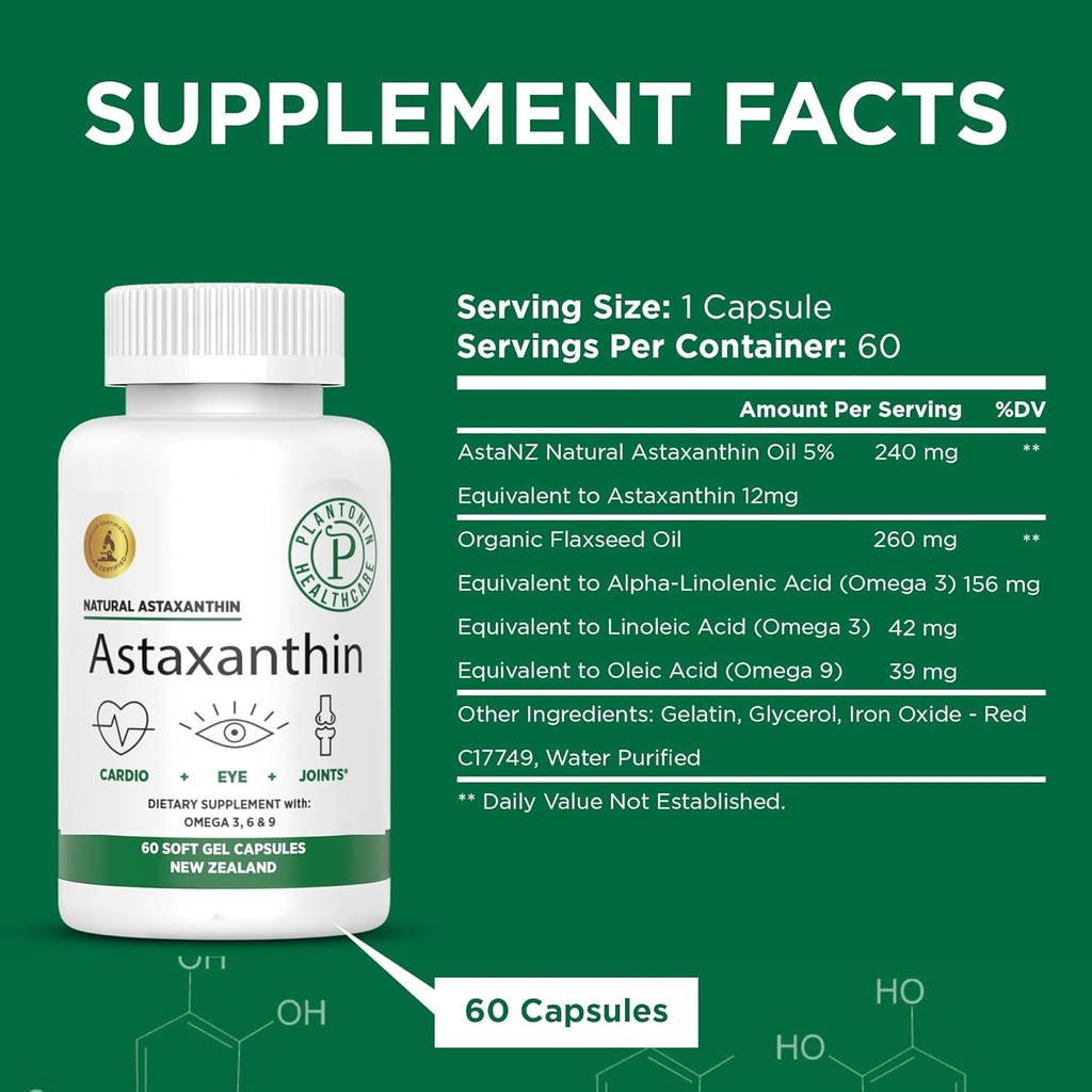 Neuseeland - Astaxanthin 12mg von Microalgae Haematococcus Pluvialis - 60 Soft Gels - GMO & Glutenfrei - Antioxidans - Unterstützt Gelenke Mobilität & Post Übungen Erholung, Haut und Augengesundheit