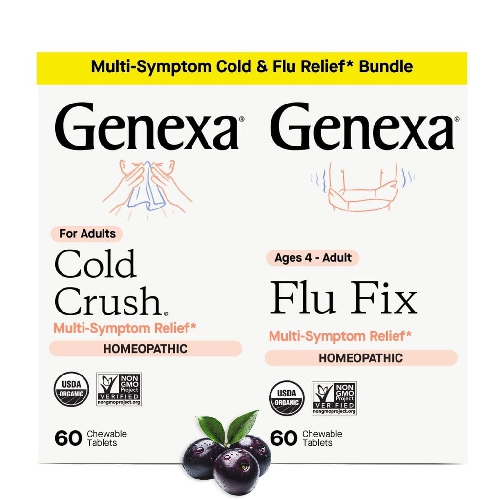 Genexa Cold Crush & Flu Fix Bundle | Multi-Symptom Cold & Flu Relief for Families | Certified Organic & Non-GMO | Homeopathic Remedy Made Clean | Organic Acai Berry Flavor - 60 Chewable Tablets | Age