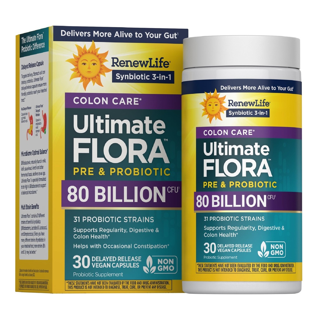 Renew Life Probiotic Colon Care Probiotic Capsules, Daily Supplement bietet Colon Support, L. Rhamnosus GG, Dairy, Soy und glutenfrei, 80 Billion CFU, 30 Count