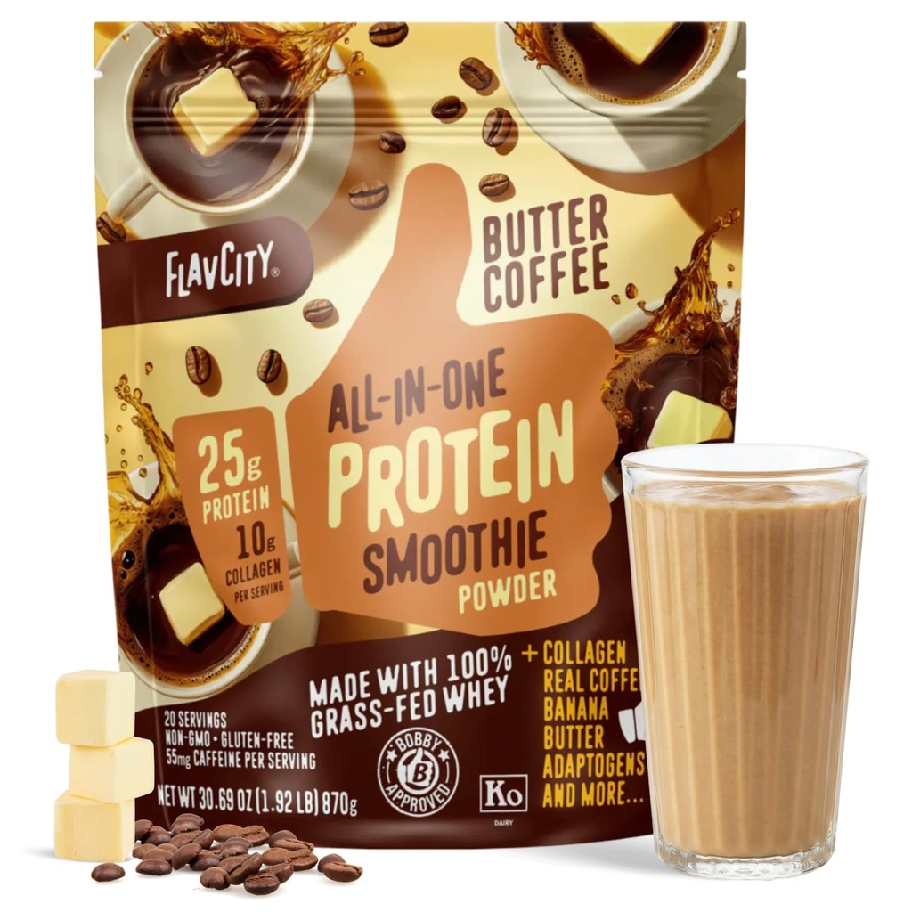 FlavCity Grass Fed Whey Protein Powder - Butter Kaffee - 25g Protein, 10g Collagen & 87mg Koffein - Hergestellt mit Bio Reishi & Cordyceps - Glutenfrei & No Added Sugars (20 Portionen)