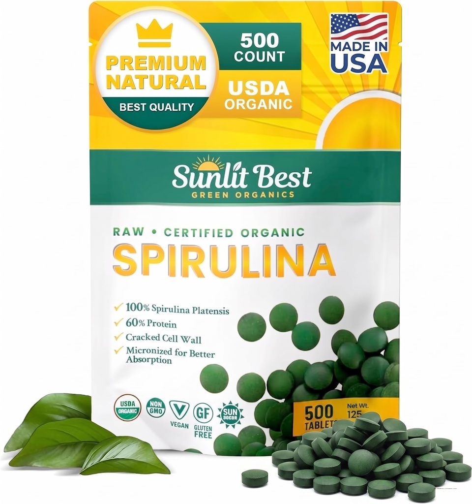Comprimés de spiruline au soleil - Comprimés de spiruline biologique USDA Premium 500 Comte - Spirulines naturelles Burst organique pour le soutien immunitaire Croissance musculaire, Boost énergétique avec/Chlorophylle - Protéines élevées, non OGM